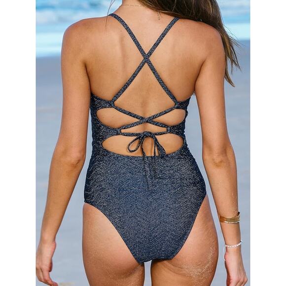 Cupshe XL One Piece Swimsuit Square Neck Shimmer Blue Bathing Suit Crisscross - Picture 2 of 8